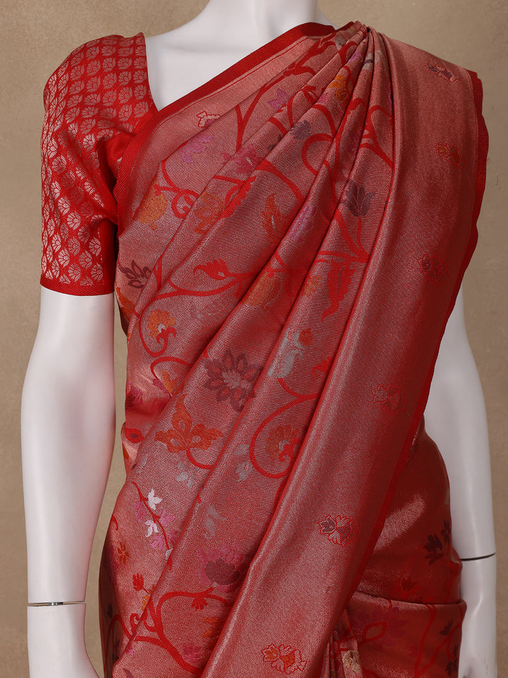 Red Floral Designed Soft Silk Saree - Diadem