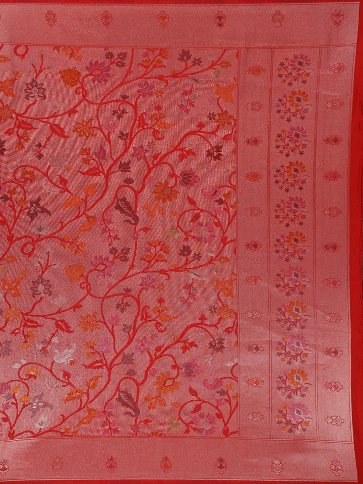 Red Floral Designed Soft Silk Saree - Diadem