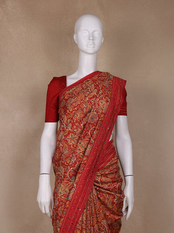 Red Floral Designed Chanderi Cotton Saree - Diadem