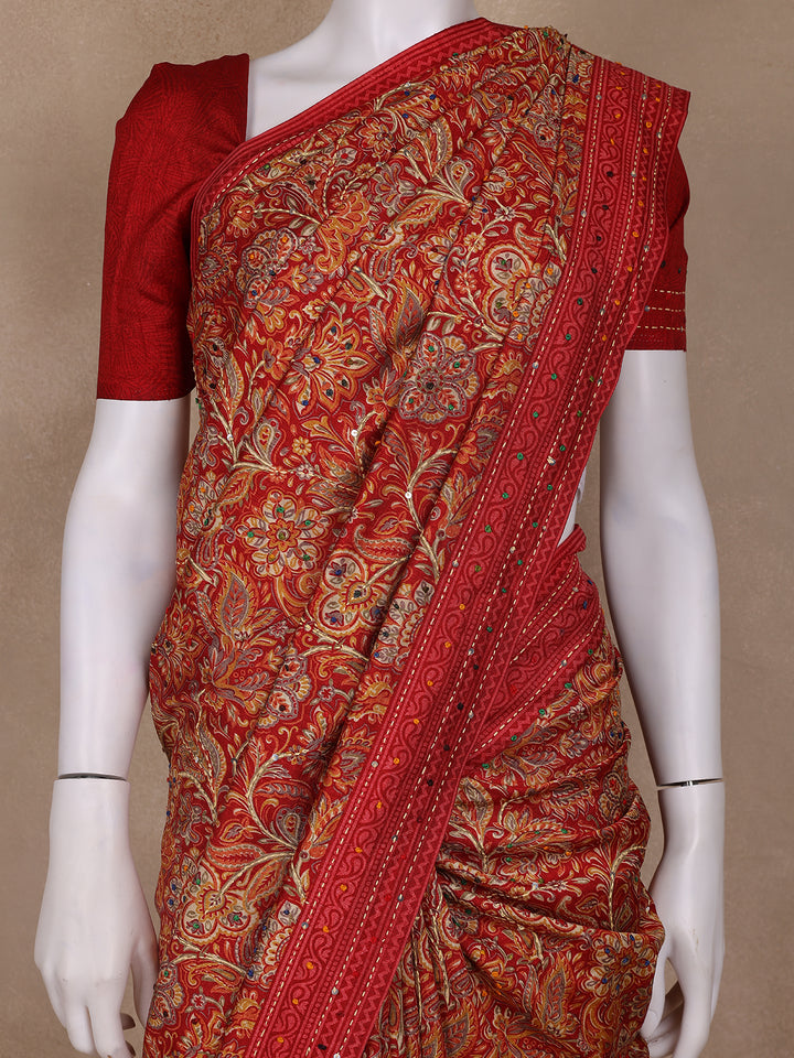 Red Floral Designed Chanderi Cotton Saree - Diadem