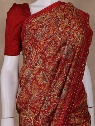 Red Floral Designed Chanderi Cotton Saree - Diadem