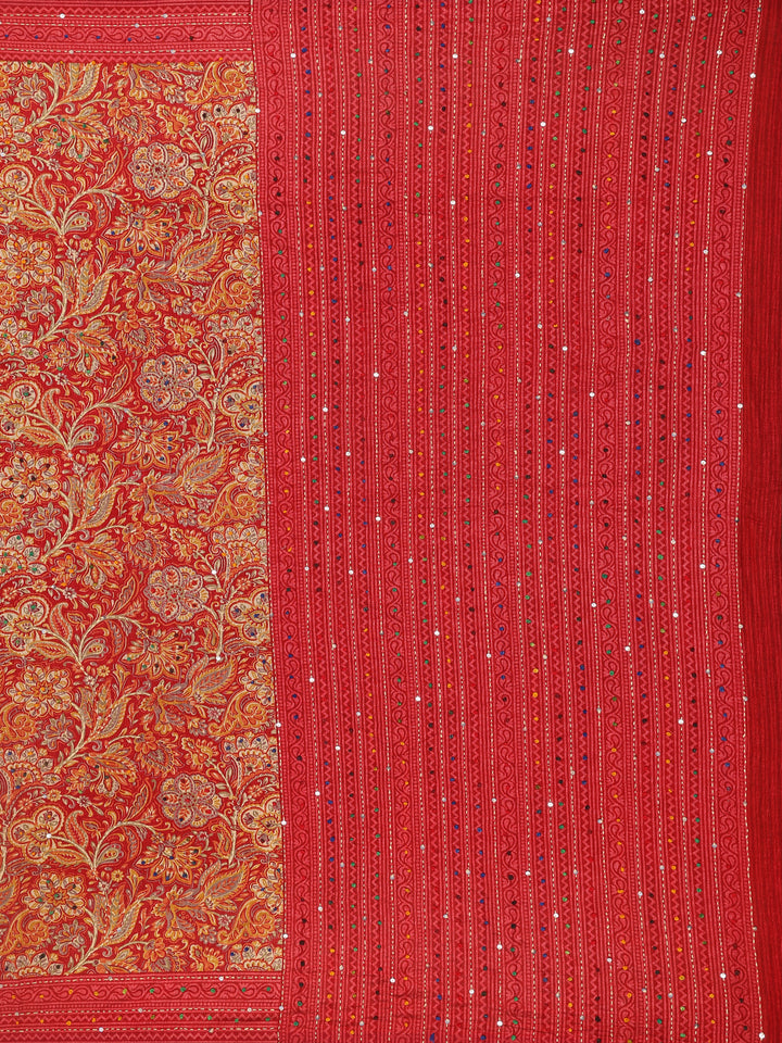 Red Floral Designed Chanderi Cotton Saree - Diadem