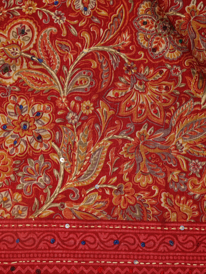 Red Floral Designed Chanderi Cotton Saree - Diadem