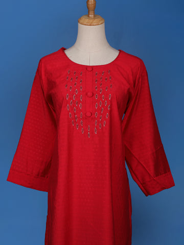 Red Floral Designed Cotton Kurti - Diadem
