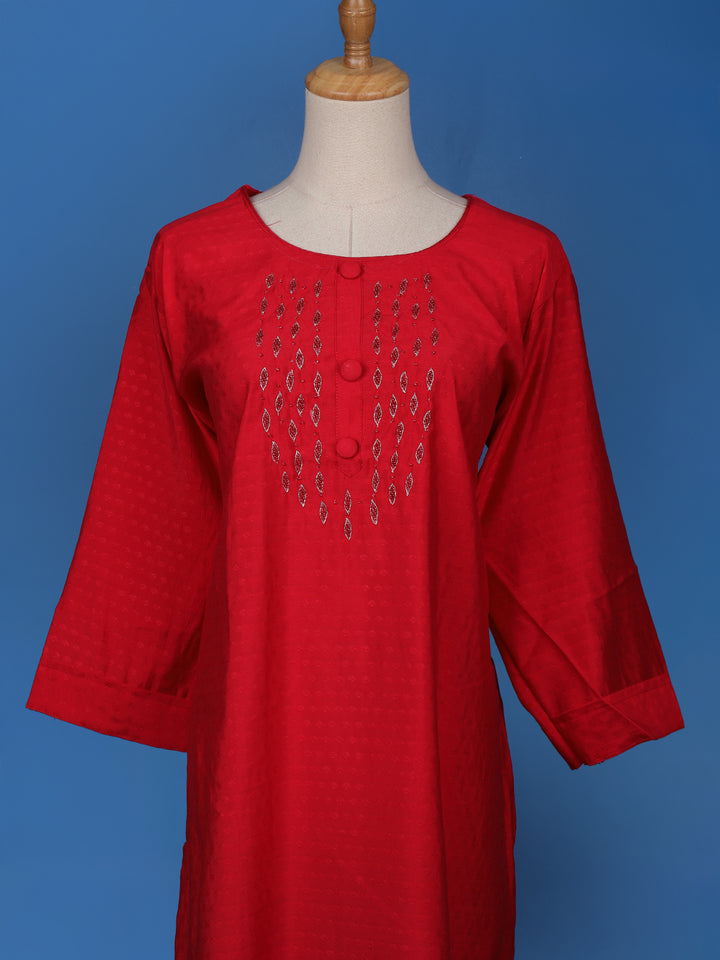 Red Floral Designed Cotton Kurti - Diadem
