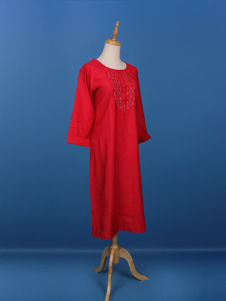 Red Floral Designed Cotton Kurti - Diadem