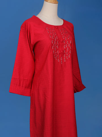 Red Floral Designed Cotton Kurti - Diadem