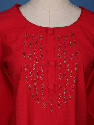 Red Floral Designed Cotton Kurti - Diadem