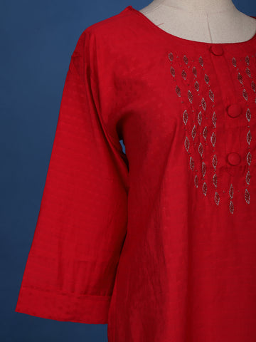 Red Floral Designed Cotton Kurti - Diadem