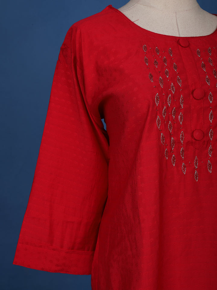 Red Floral Designed Cotton Kurti - Diadem