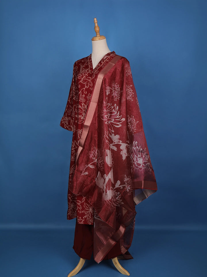 Red Floral Designed Cotton Salwar Suit - Diadem