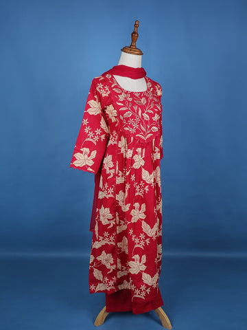 Red Floral Designed Cotton Salwar Suit - Diadem