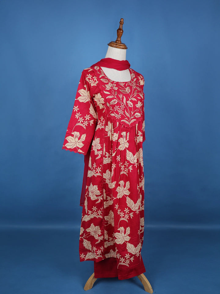 Red Floral Designed Cotton Salwar Suit - Diadem