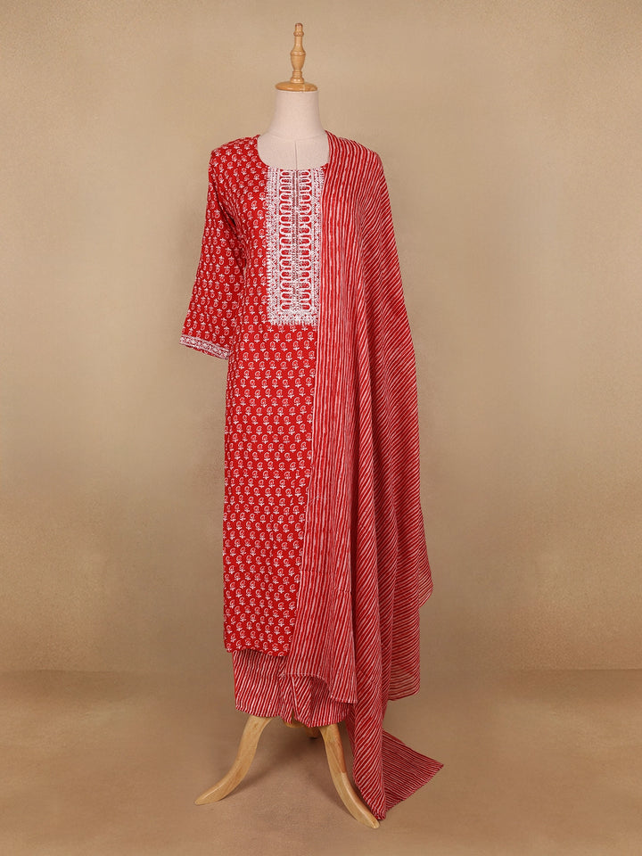 Red Floral Designed Cotton Salwar Suit - Diadem