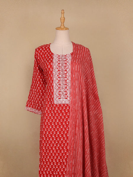 Red Floral Designed Cotton Salwar Suit - Diadem