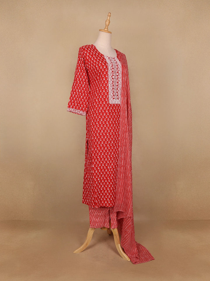 Red Floral Designed Cotton Salwar Suit - Diadem