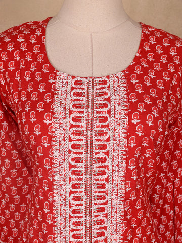 Red Floral Designed Cotton Salwar Suit - Diadem