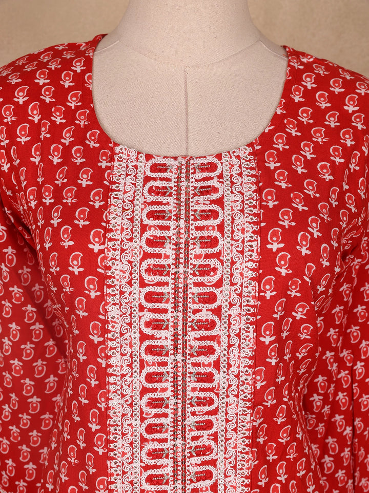 Red Floral Designed Cotton Salwar Suit - Diadem