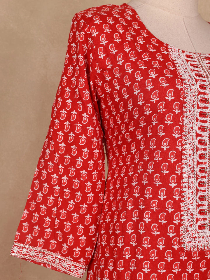 Red Floral Designed Cotton Salwar Suit - Diadem