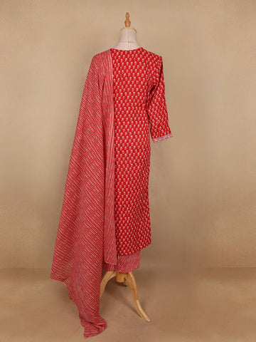 Red Floral Designed Cotton Salwar Suit - Diadem