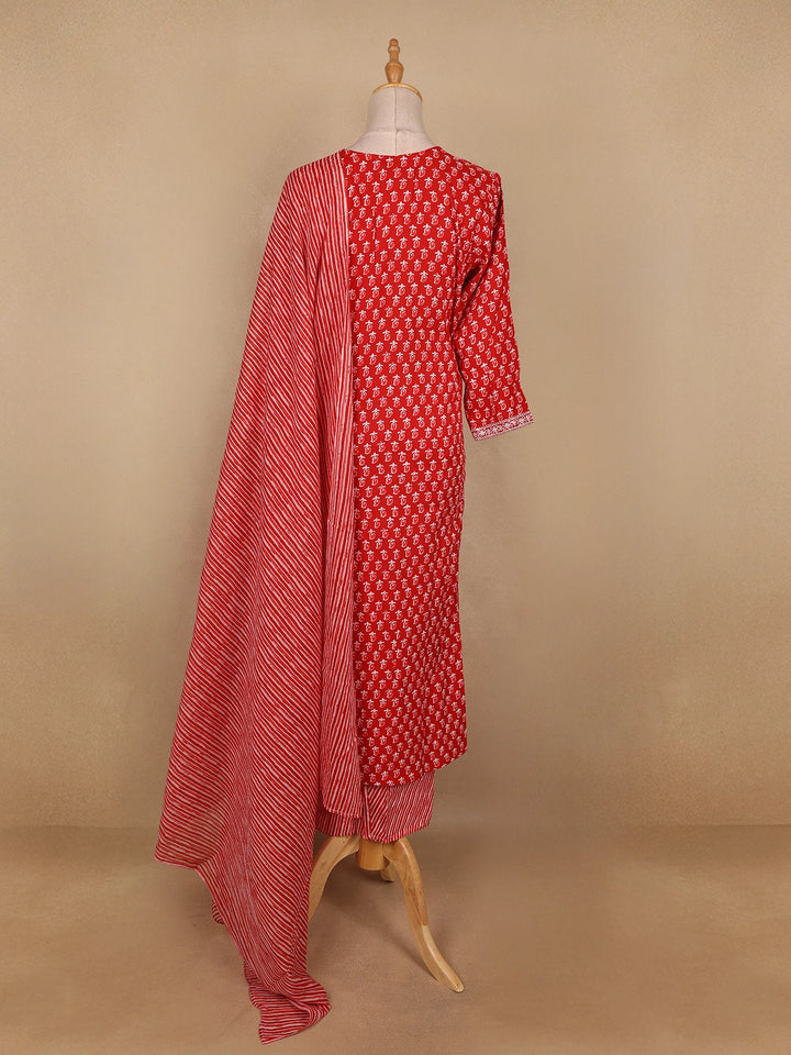 Red Floral Designed Cotton Salwar Suit - Diadem