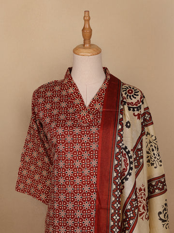 Red Floral Designed Cotton Salwar Suit - Diadem