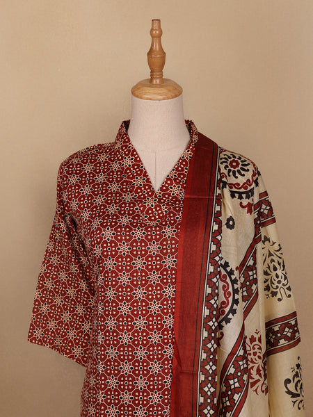 Red Floral Designed Cotton Salwar Suit - Diadem