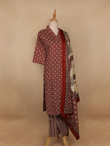 Red Floral Designed Cotton Salwar Suit - Diadem