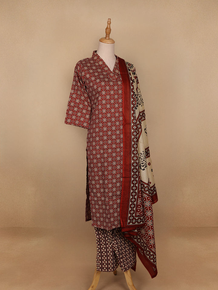 Red Floral Designed Cotton Salwar Suit - Diadem