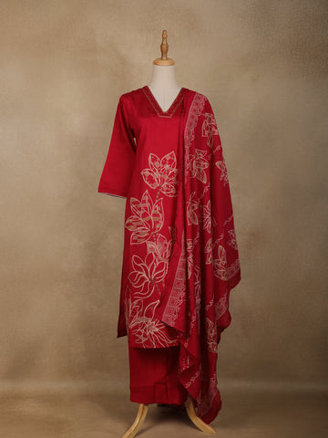 Red Floral Designed Cotton Salwar Suit - Diadem