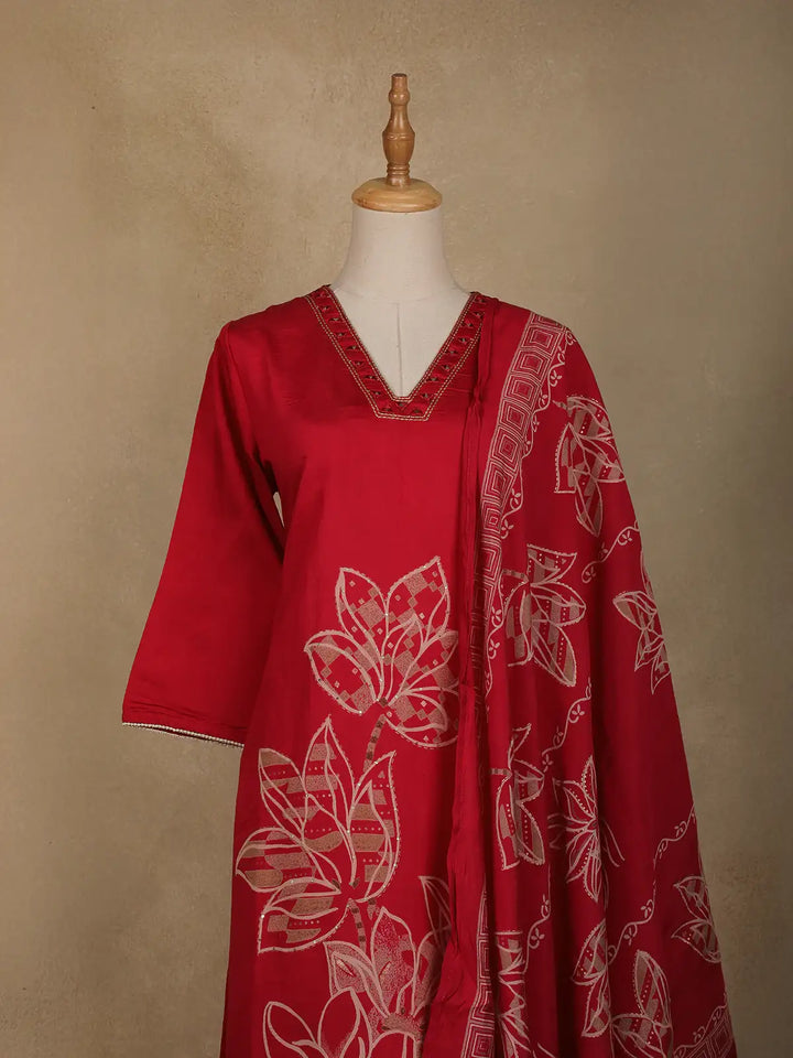 Red Floral Designed Cotton Salwar Suit - Diadem