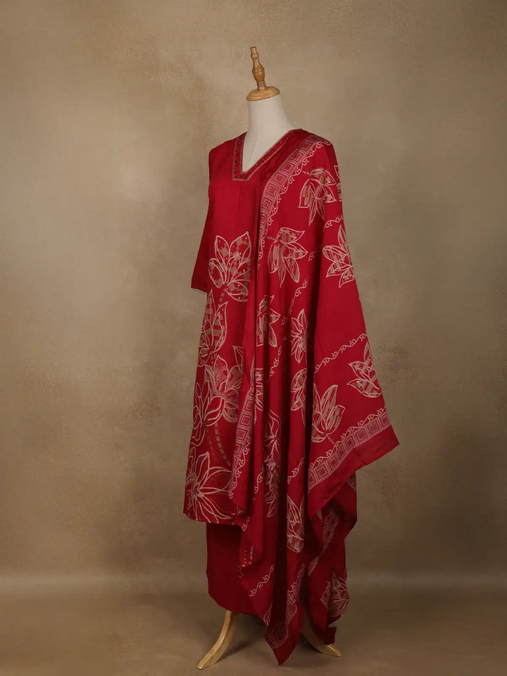 Red Floral Designed Cotton Salwar Suit - Diadem