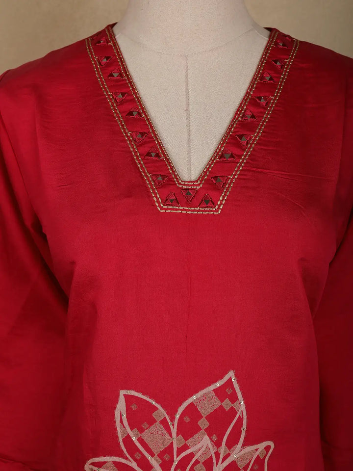 Red Floral Designed Cotton Salwar Suit - Diadem