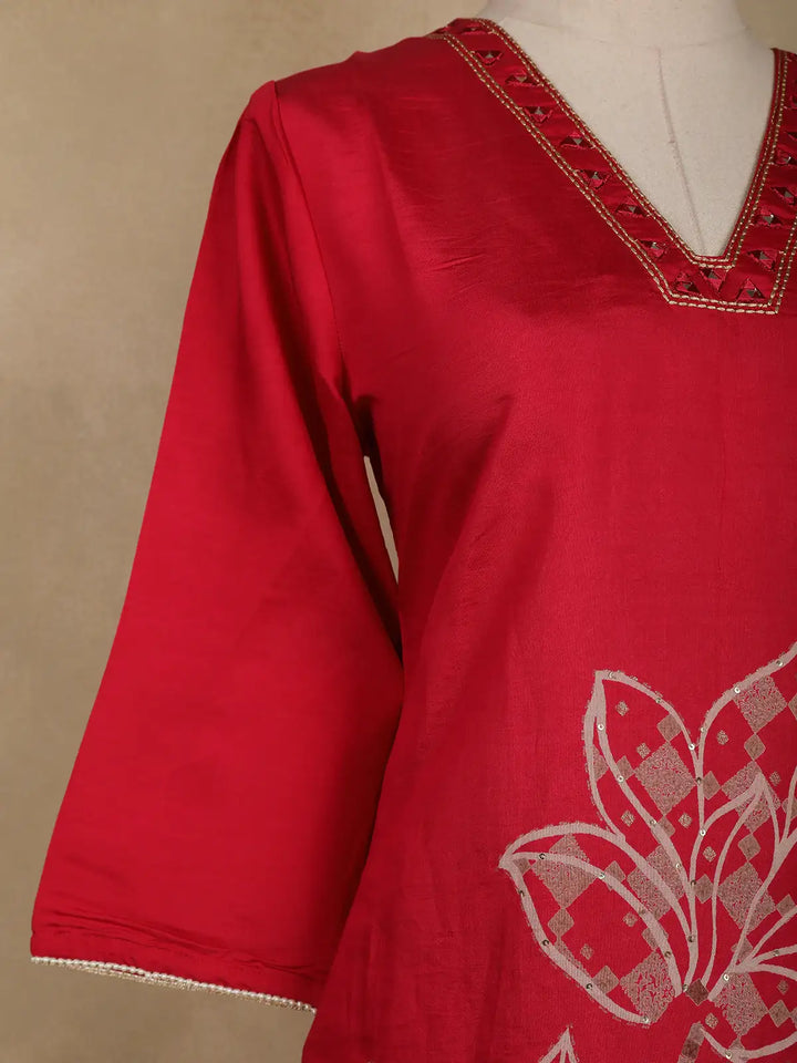 Red Floral Designed Cotton Salwar Suit - Diadem