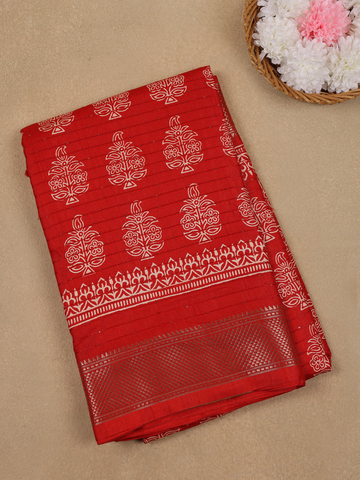 Red Floral Designed Cotton Saree - Diadem