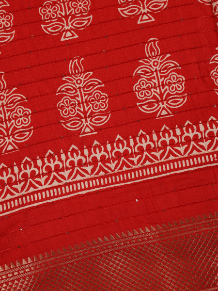 Red Floral Designed Cotton Saree - Diadem