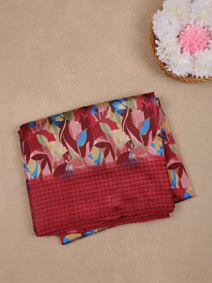 Red Floral Designed Fancy Cotton Saree - Diadem