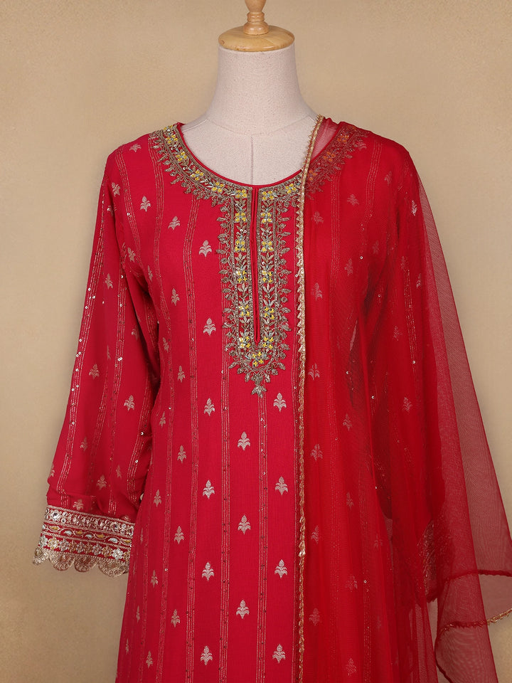 Red Floral Designed Georgette Salwar Suit - Diadem