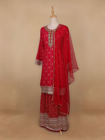 Red Floral Designed Georgette Salwar Suit - Diadem