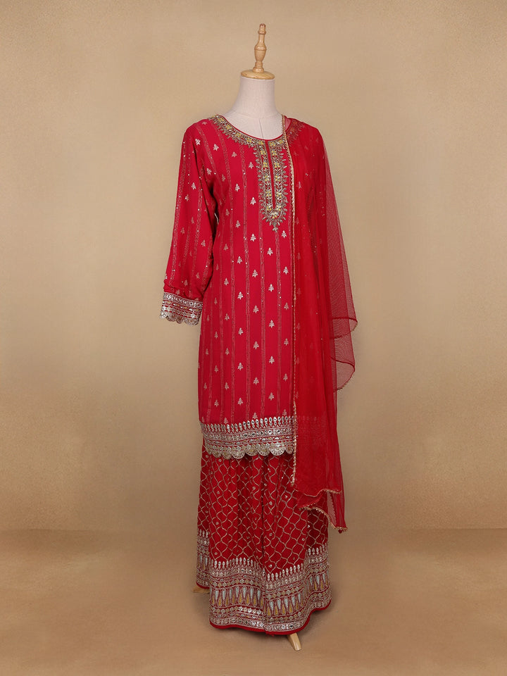 Red Floral Designed Georgette Salwar Suit - Diadem