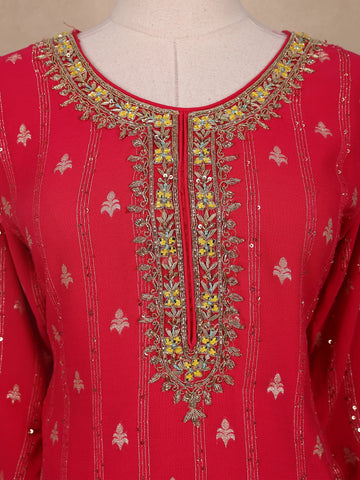 Red Floral Designed Georgette Salwar Suit - Diadem