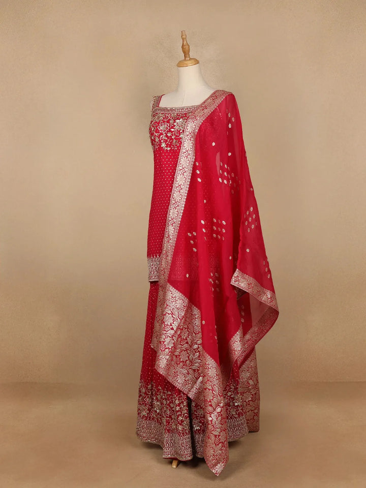 Red Floral Designed Georgette Sharara Salwar Suit - Diadem