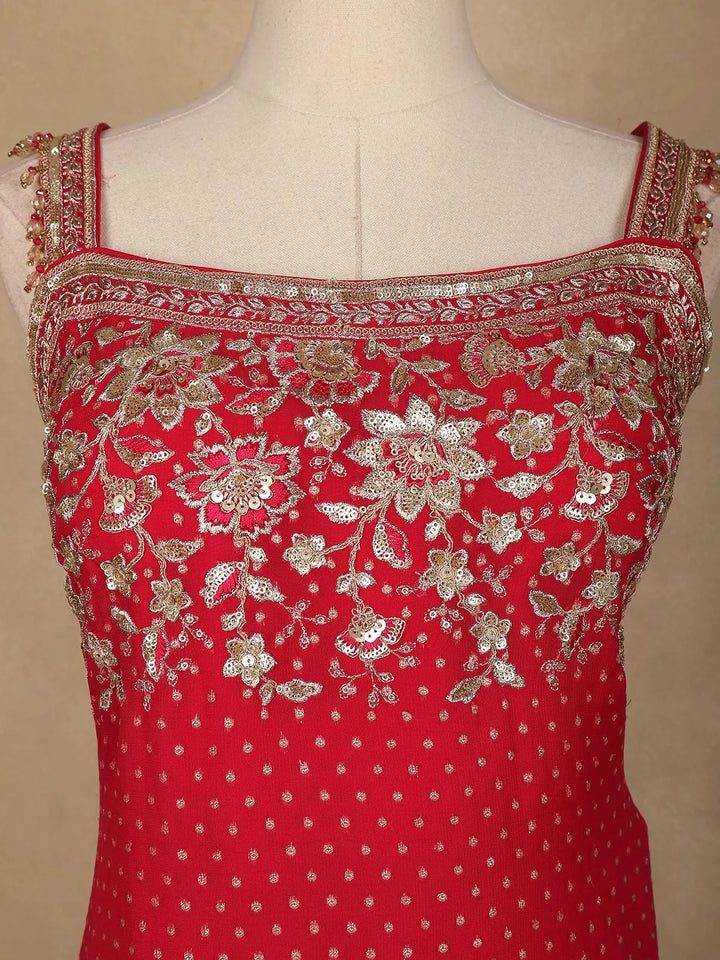 Red Floral Designed Georgette Sharara Salwar Suit - Diadem