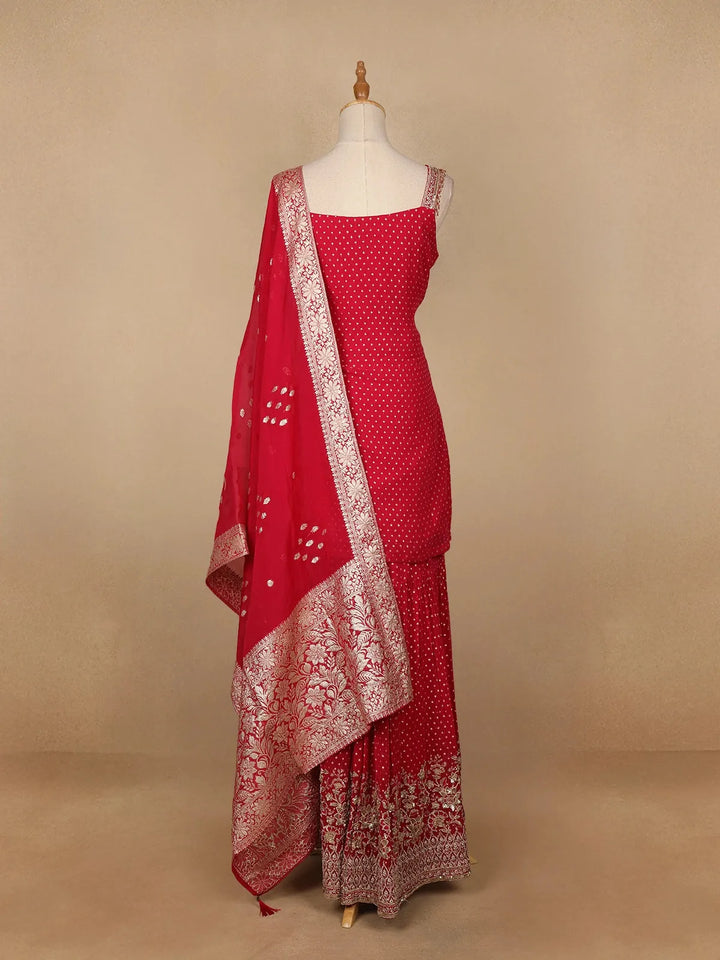 Red Floral Designed Georgette Sharara Salwar Suit - Diadem