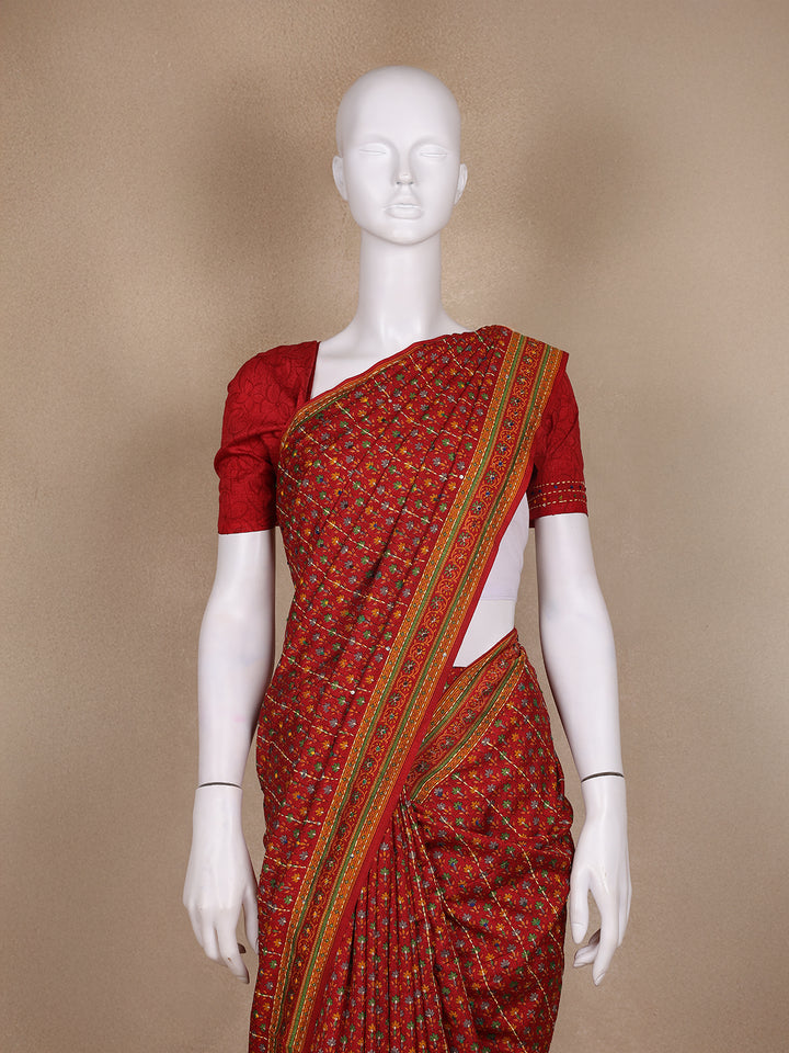 Red Floral Designed Kantha Work Chanderi Cotton Saree - Diadem