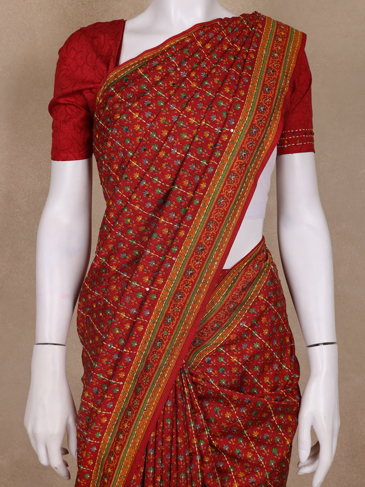 Red Floral Designed Kantha Work Chanderi Cotton Saree - Diadem