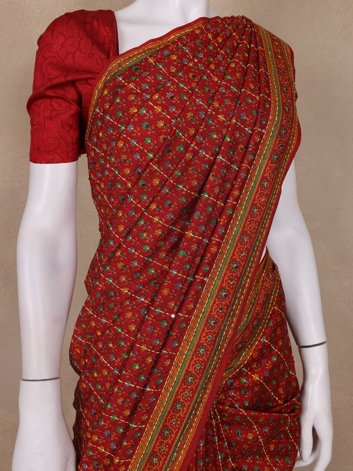 Red Floral Designed Kantha Work Chanderi Cotton Saree - Diadem