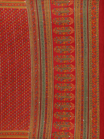 Red Floral Designed Kantha Work Chanderi Cotton Saree - Diadem