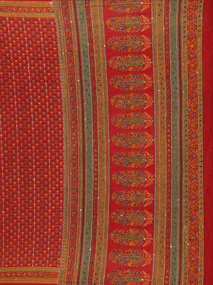 Red Floral Designed Kantha Work Chanderi Cotton Saree - Diadem