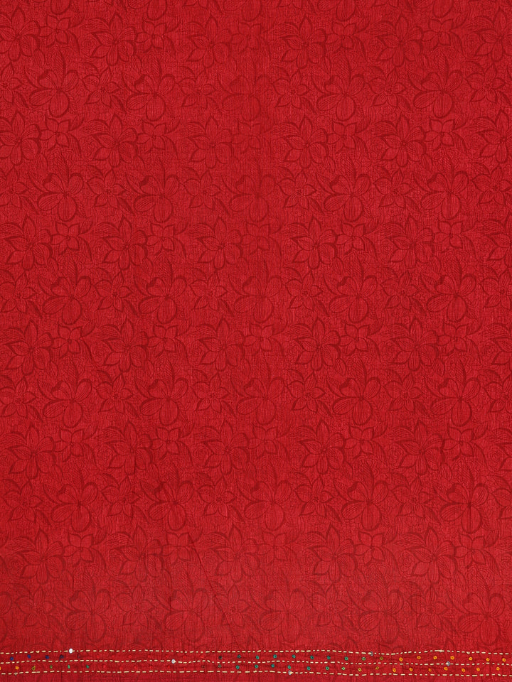 Red Floral Designed Kantha Work Chanderi Cotton Saree - Diadem